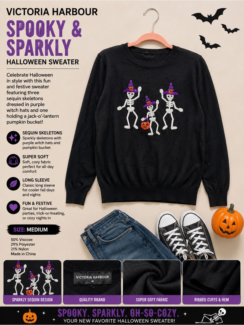 Victoria Harbour Black 'Spooky & Sparkly' Halloween Crewneck Sweater